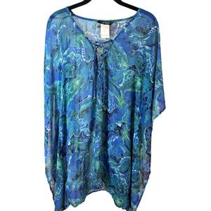 Lauren Ralph Lauren Blue Paisley Chiffon Lace Up Poncho Top Womens S/M